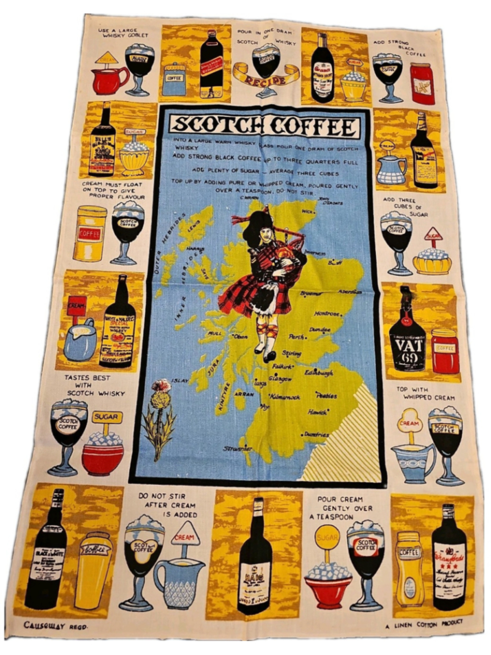 Vintage Scotch Coffee Tea Towel Causeway Regd Bagpiper Tartan Map A Linen Cotton